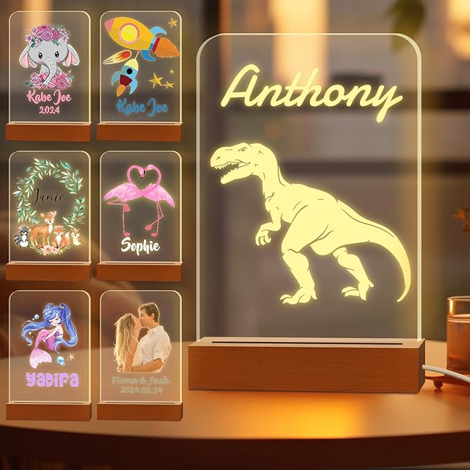 Personalized Night Light for Kids Custom Engraved Name Acrylic LED Lights with Wood Base for Nursery Bedroom Decor Night Lamp, Customized Birthday Gifts for Boys and Girl,Dinosaur