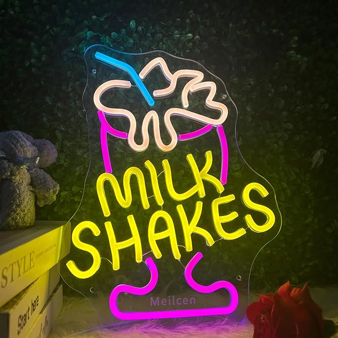 Milk Shakes Neon Sign, Colorful LED Ice Cream Light, USB Power | Dimmable Wall Decor Light-Up Signs for Dessert Shops, Restaurants, Bars, Fun Food Quote Neon Art Decoration for Room