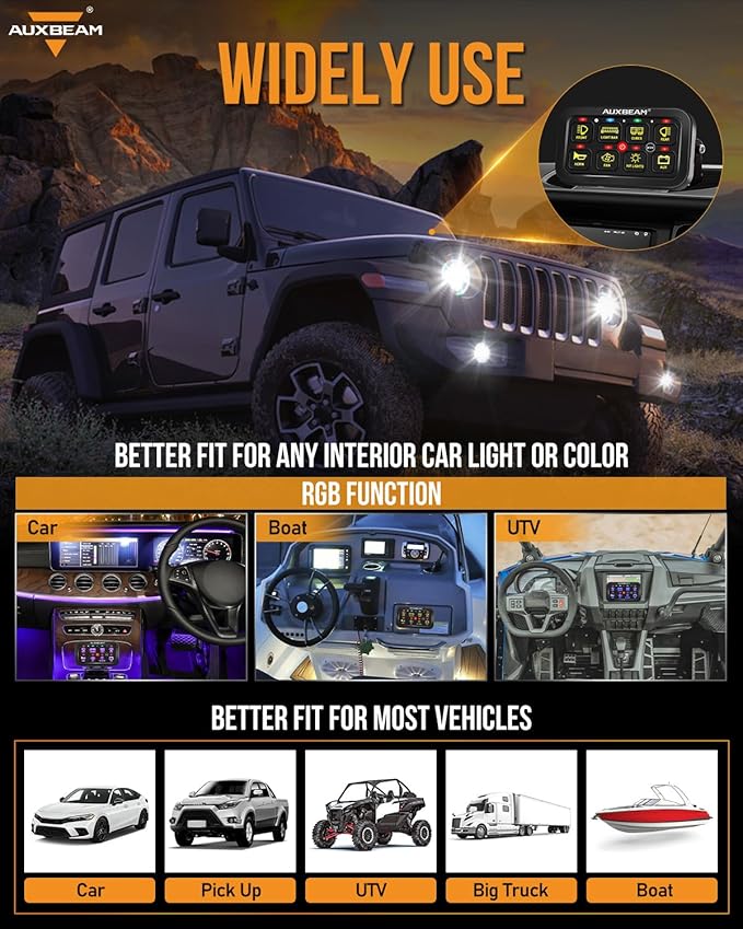 Auxbeam 8 Gang Switch Panel RB80 Toggle Momentary Pulsed RGB Dimmable Switch Panel Multifunction Panel Two Sided Output Marine Switch Panel IP65 Waterproof for Car Boat RV, 3 Years Warranty