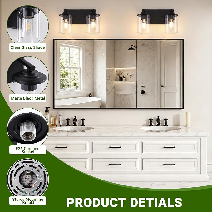 2-Light Black Bathroom Vanity Light, Modern Bathroom Lighting Fixtures with Clear Glass Shade, Bathroom Wall Mounted Lamps for Mirror, Living Room, Bedroom, E26 Socket