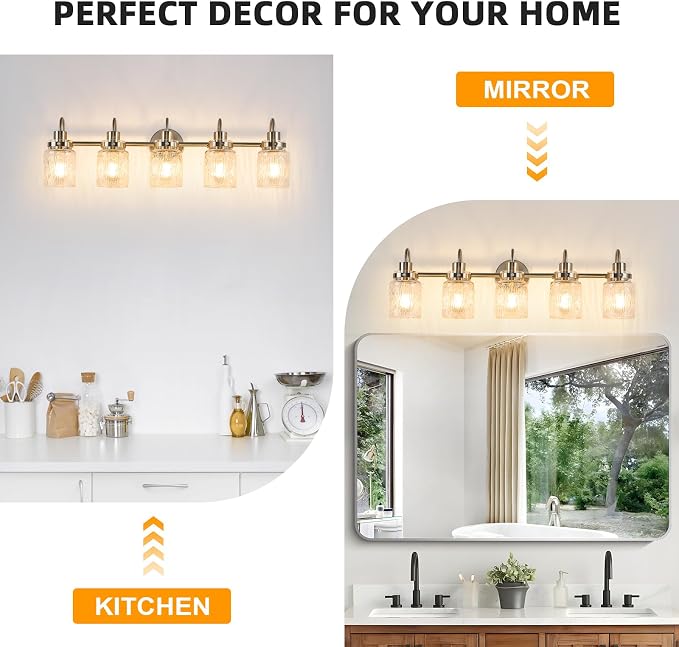 5 Lights Hammered Glass Bathroom Vanity Light,Brushed Nickel | Easy Installation,Up or Down,Farmhouse Modern Style,E26 Socket,ETL Certification