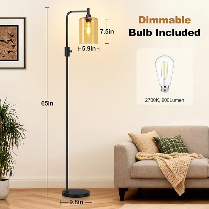 【Upgraded】 Dimmable Floor Lamp for Living Room with Amber Glass Lampshade, Black Modern Glass Floor Lamp with 900LM LED Bulb Included, Arc Standing Tall Lamp for Bedroom, Office, Reading Room, Corner