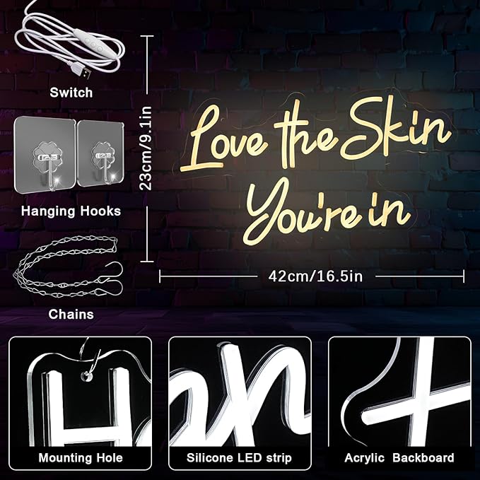 ''Love the Skin You're in'' Neon Sign Facial Spa Neon Light for Wall Decor Warm White Letters Neon Lights Beauty Salon Sign for Business Skin Care Salon Beauty Shop Decorations