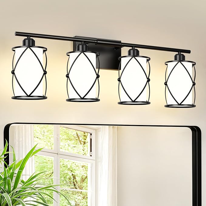 4-Light Black Bathroom Light Fixtures with Milk White Frosted Glass, 29" Modern Bathroom Vanity Lighting Fixtures Over Mirror with Metal Cage, Wall Sconce Lights for Bath, E26, CH9176BKW-4W