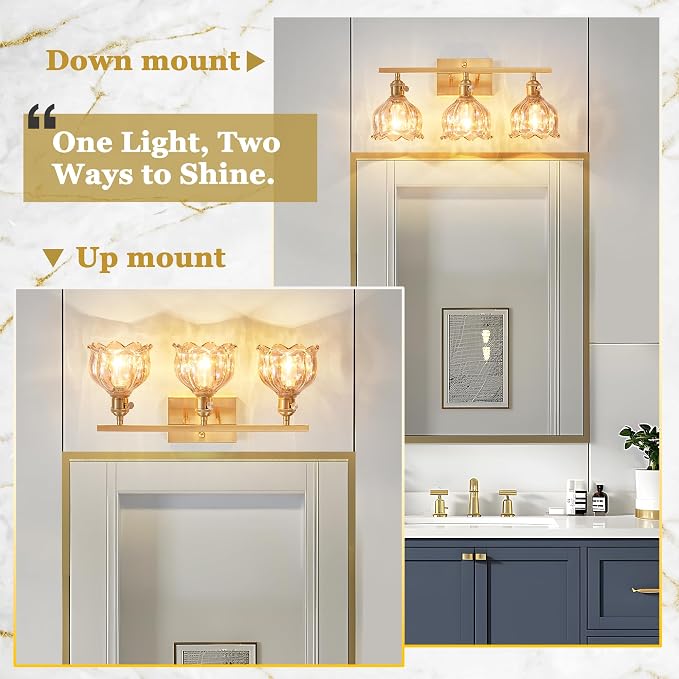 3-Light Amber Tulip Glass Vanity Light, Brushed Gold Vintage Bathroom Wall Sconce, 19.4" Antique Brass Hardwired Wall Lamp for Mirror, Powder Room, Bedroom (Individual Switches, Bulbs Not Included)