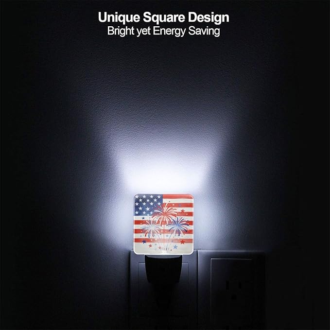 4th of July Patriotic Fireworks Night Light Set of 2 Plug-in | USA Auto Sensor LED Dusk-to-Dawn Nightlights, Sensor Lamp for Bedroom Bathroom Kitchen Hallway Stairs Decorative