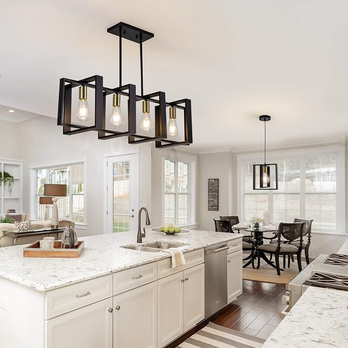 Farmhouse Kitchen Island Lighting Black Chandeliers for Dining Room Wooden Island Lights,Industrial Rectangle Light Fixtures Ceiling Hanging (4 Lights)