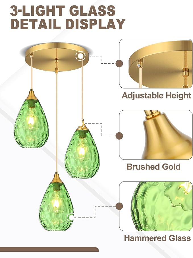 Brushed Gold 3-Light Pendant Lighting, Modern Dining Room Light Fixture Over Table with Green Hammered Glass, Cluster Hanging Lights for Kitchen Island Dining Room