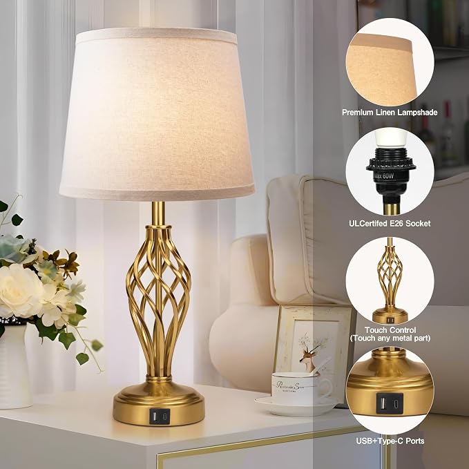 Ruiever Touch Table Lamps Set of 2, nightstand lamp with USB Ports Bedside 3 Way Touch dimmer Desk lamp for Living Room Bedroom,Gold Plated Spiral cage Base Design Warm White dimmer Bulbs Included.