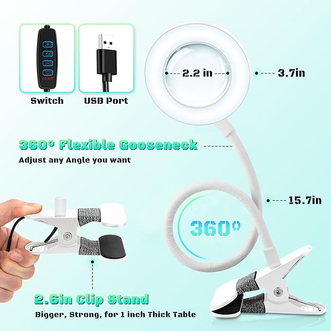 10X Magnifying Glass with Light, Clip on Mganifier with Light, 48 LED Desk Magnifying Glass wtih Clamp, 3 Modes Dimmable Magnifying LED Lamps for Bed Work Crafts DIY Repair White