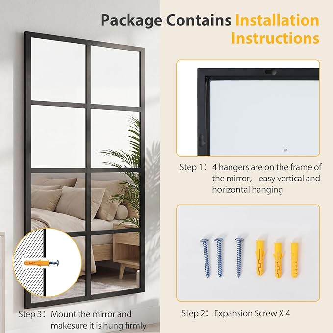 NEWBULIG Wall Mirror, 32" x 16" Window Decorative Mirrors, Metal Framed Wall Decor Wall-Mounted Mirrors for Bedroom, Living Room, Entryway, Black