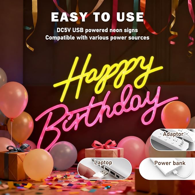 Happy Birthday Neon Sign, Neon Sign for Wall Decor, USB Powered Dimmable Neon Light, LED Happy Birthday Light Up Sign for Party, Perfect for Backdrop Birthday Party Decoration, Yellow and Pink