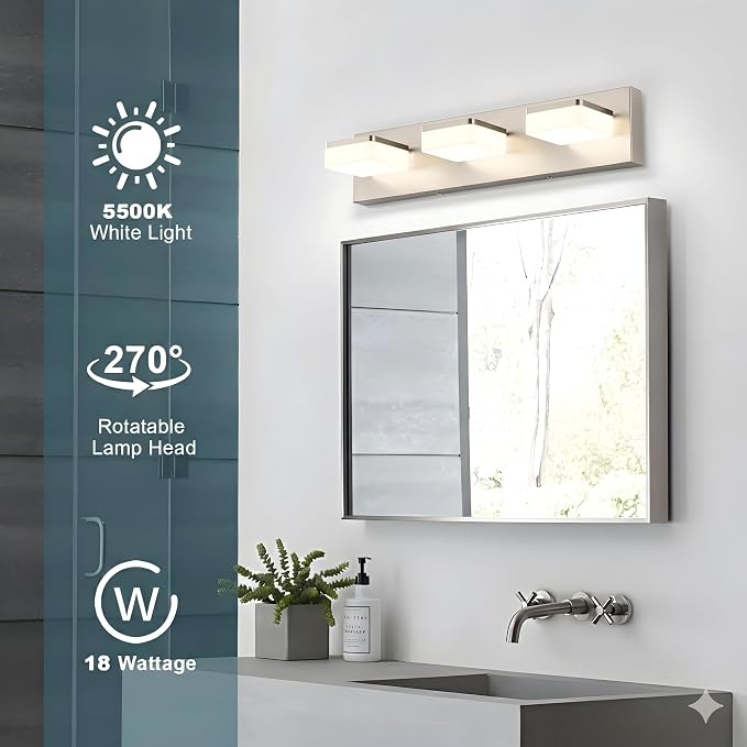 Brushed Nickel Vanity Lights for Bathroom - 3 Light Vanity Light Fixture - Dimmable LED Wall Sconces - Daylight 5500K - Elegant Bath Light Fixtures for Over Mirror