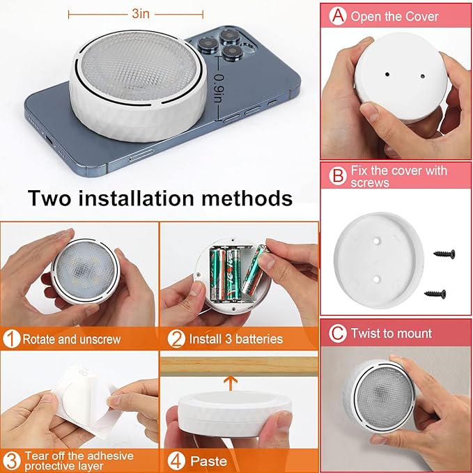 Onumii LED Puck Lights Battery Operated LED Under Cabinet Lighting Wireless Stick on Tap Lights with Remote Controll Color Changing Timer Function for Cabinets, Shelves, Closets - 6Pack White