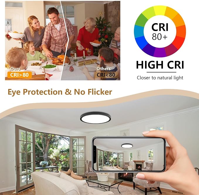 Dimmable 12Inch LED Flush Mount Ceiling Light, 24W, 2520LM, 2700K/3000K/4000K/5000K/6000K CCT Selectable,LED Round Flat Panel Light Dimmable from 5% to 100% for Bedroom,Kitchen,Hallway, Black 12PK