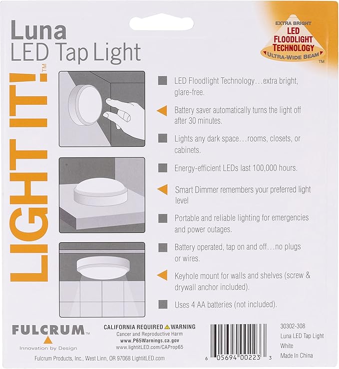 LIGHT IT! by Fulcrum, 30302-308 Luna LED Tap Light, White, Single Pack