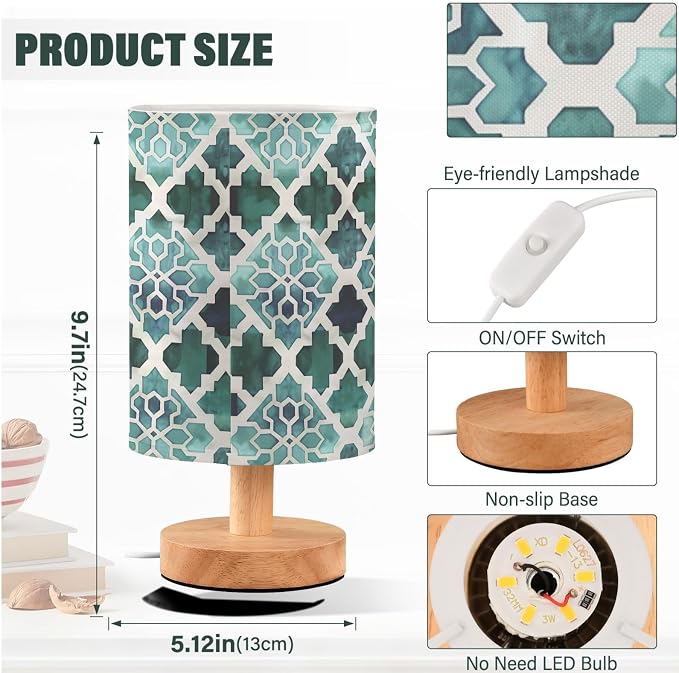Fustylead Teal Green Moroccan Tile Table Lamp for Bedroom USB Port Lamps Small Accent Table Lamp Nightstand Lamp Sturdy Linen Shade Wooden Base Decorative Lamps for Bedside Reading|Kids|Dorm|Home