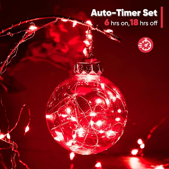 Ariceleo 1 Pack 16.4 Ft. Battery Operated Outdoor String Lights with Remote & Timer, LED Red Fairy Lights, Waterproof Twinkle Lights for Bedroom, Dorm, Mason Jar, Wedding, Party, Christmas