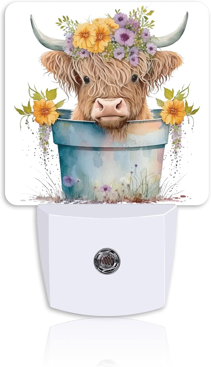 Night Light,Cartoon Highland Calf in Flower Pot Plug-in Night Light Auto Dusk-to-Dawn Sensor Energy Efficient LED Lamp for Room Decor,Hallway,Kitchen,Bathroom,Nursery,Stairs