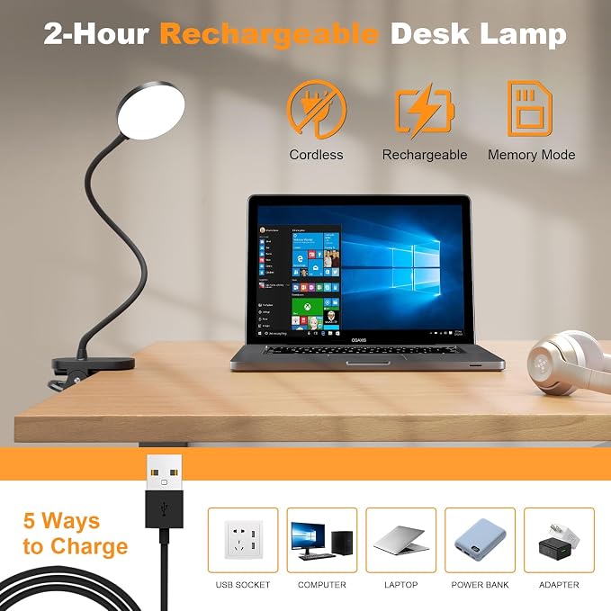 Rechargeable Clip on Light for Bed, 97 LED Cordless Reading Lamp with 3 Color Modes & 10 Brightness Levels, Portable and Flexible Book Light Clamp on Office Desk Bunk Bed Dorm Headboard (Black/4.7'')