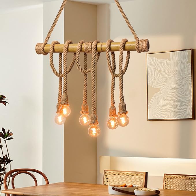 Arturesthome 6 Heads Hemp Rope Pendant Light, Vintage Bamboo Chandeliers Fixture Kitchen Island, Rustic Industrial Hanging Lamp for Bedroom Restaurant Cafe Bar Country Style Decoration