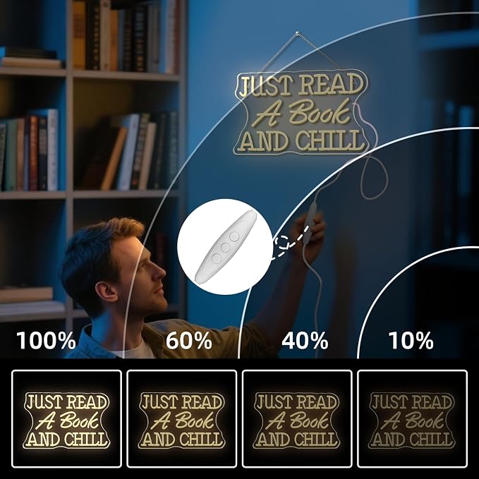 Just Read a Book and Chill White LED Neon Lights Wall Decor LED Sign with Dimmable Switch Neon Light Up Sign for Classroom Bookstore Library Study Room Reading Party
