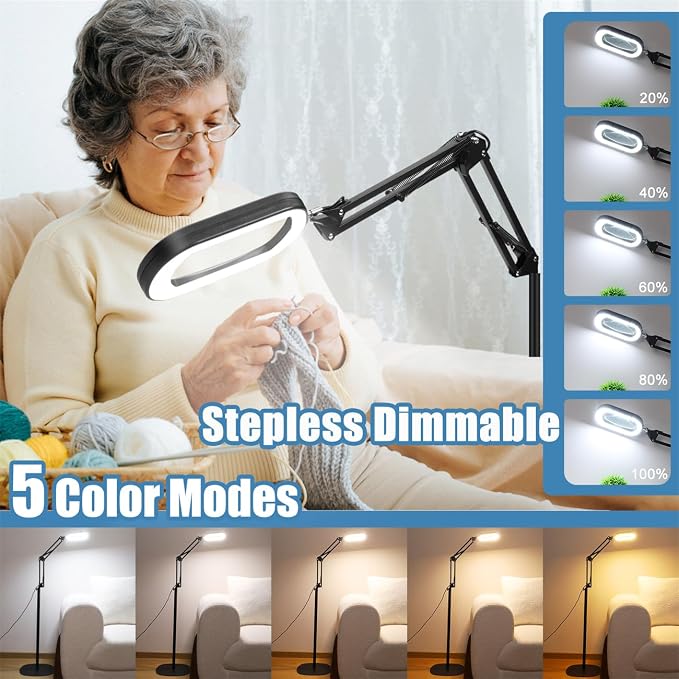 IVMAIE 10X Magnifying Glass with Light and Stand, Real Glass Lens, 5 Color Modes LED Dimmable Lighted, 3-in-1 Floor Lamp with Clamp, Hands Free Magnifier for Reading, Craft Close Work, Carbon Black