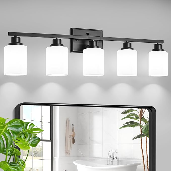 5-Light Bathroom Light Fixtures, Modern Black Vanity Light Over Mirror, Wall Sconces with Milky White Glass Shades for Living Room Bedroom Hallway E26 Base