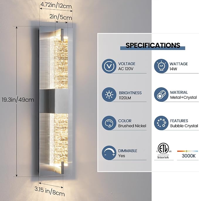 WOSHITU LED Wall Sconce Light: 19 Inch Nickel Modern Sconces Wall Lighting 3000K Dimmable Crystal Wall Lamps Indoor Bathroom Sconce Wall Mount Light Fixtures for Living Room/Bedroom/Hallway