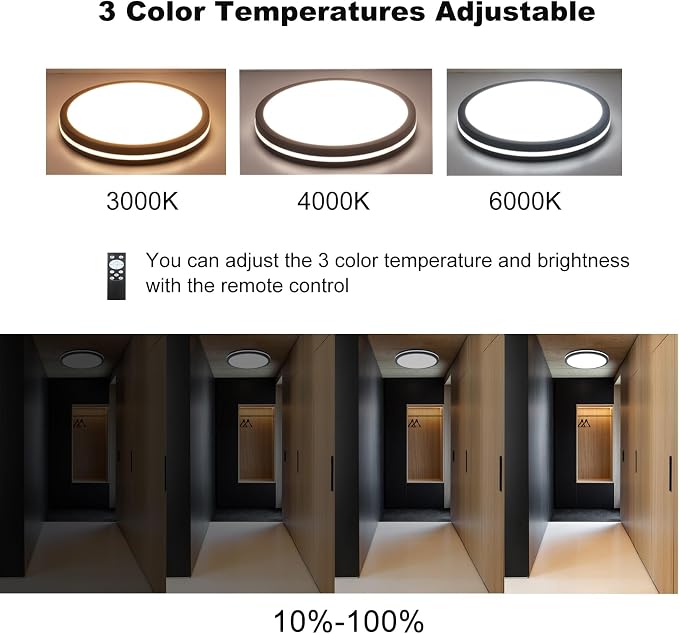 Motion Sensor Ceiling Light, 11 Inch Hardwired Flush Mount 2400LM | Remote Dimmable, 3000K/4000K/6000K, Waterproof, for Closet Hallway Stair Porch Laundry Black