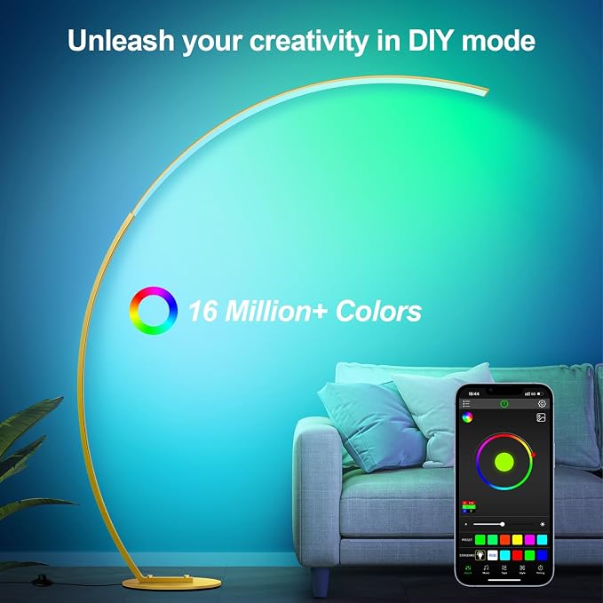 RGB Floor Lamp with 3 Color Temperatures, Ultra Bright 1800LM Smart Arc LED Floor Lamp with Remote Control, Music Sync, Scene Modes, Modern Standing Tall Lamp for Bedroom Living Room Gaming Rooms-Gold