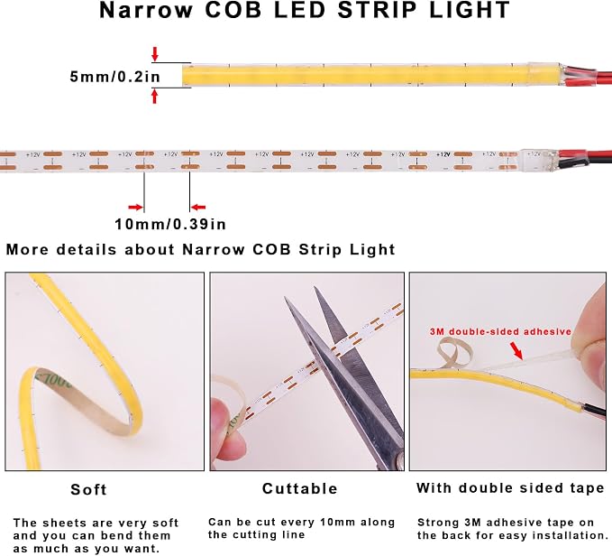 TOPAI 12V 5mm Dotless COB LED Strip 16.4ft 4000K Natural White | Ultra Thin Tape Lights, CRI>90 400 LEDs/M, No Dark Spots, Flexible Cuttable, Self Adhesive Easy Install