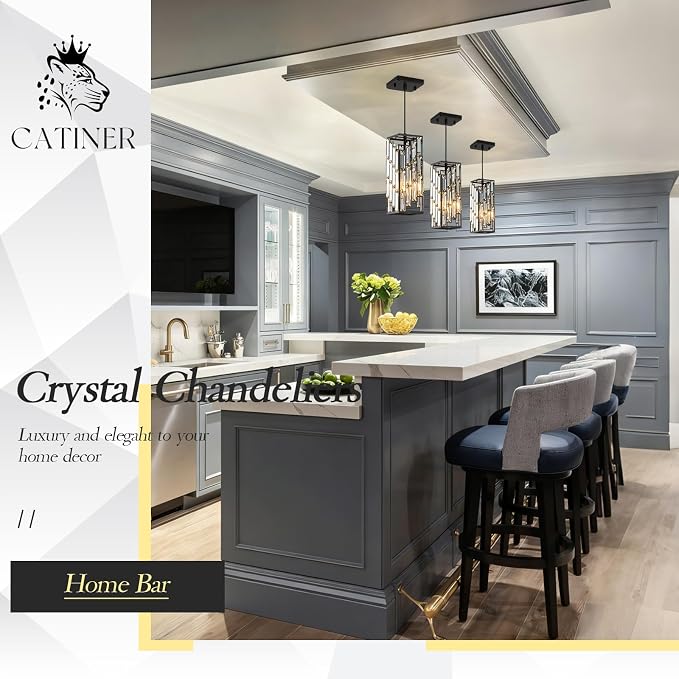 CATINER Black Crystal Pendant Light 3-Pack, Mini Hanging Light, E26 | Black crystal pendant lights 3-pack with adjustable 70.8" cords, E26 base, dimmable for kitchen island lighting