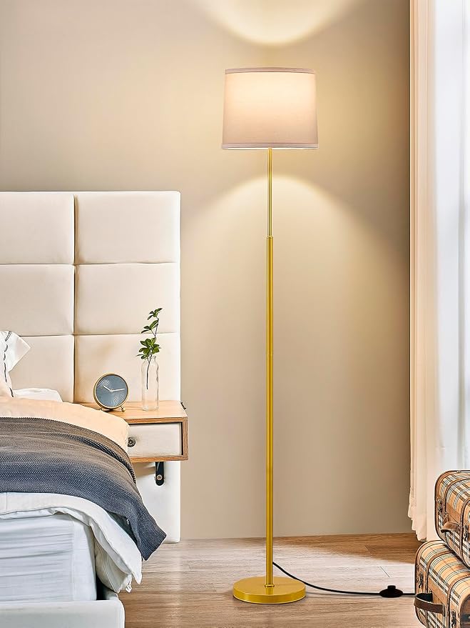 60" Modern Floor Lamp for Living Room Bedroom, Standing Lamp with White Linen Lampshade, Tall Lamp with A19 9W 3 Color Temperature Bulb, Foot Switch Control, Gold