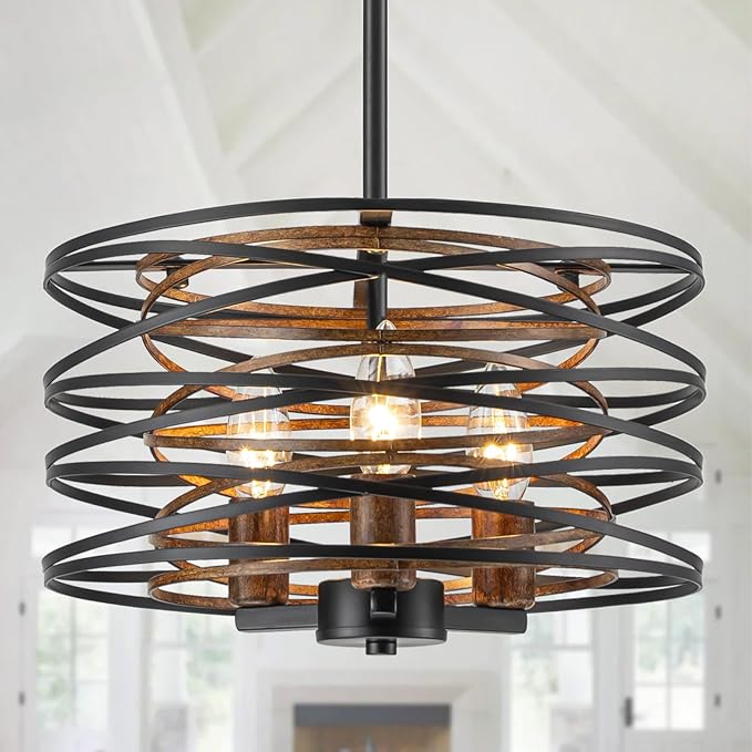 Bargeni Chandelier,13 Inch Dining Room Light Fixture,Matte Black Finish with Wood-Like Interior,Adjustable Height Farmhouse Chandelier for Kitchen Island,Bedroom,Living Room,Foyer