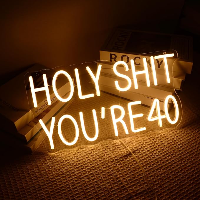 40th Birthday Neon Lights Holy Shit You're 40 LED Signs Forty years old for 40th Wedding Anniversary Party Decorations Warm LED Light for Wife, Mom, Daughter, Sister, Aunt