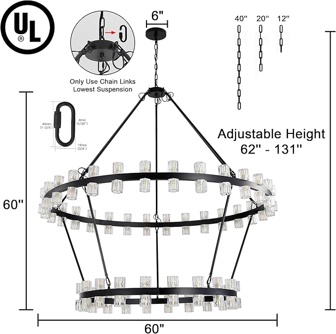 60 Inch Black Wagon Wheel Chandelier with Crystal Shade, 2 Tier 100 Lights, Modern Farmhouse Style, Ideal for Dining Room, Kitchen, Entryways