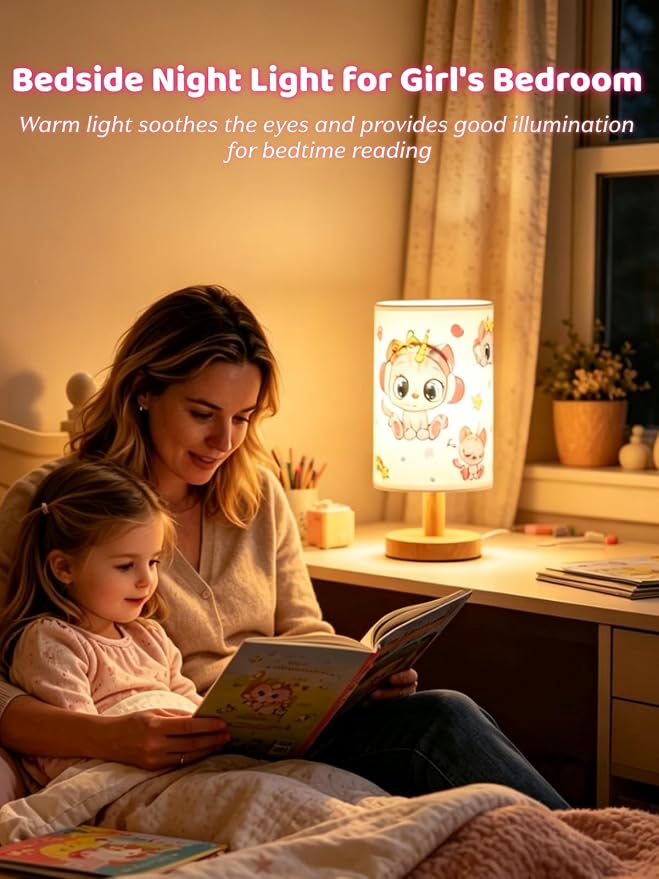 Cat Lamp,Kitty Gifts for Girl,Kids Table Lamp for Bedroom Bedside Lamps,3 Colors Dimmable LED Nightstand Night Light with Flaxen Fabric Shade Desk Lamp for Boys Girls Room Nurser Decor
