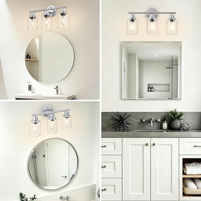 3-Light Bathroom Light Fixtures, Modern Chrome Vanity Lights for Bathroom with Clear Glass Shade, Wall Lamps for Mirror Hallway Kitchen Cabinet Living Room Sconces Lights