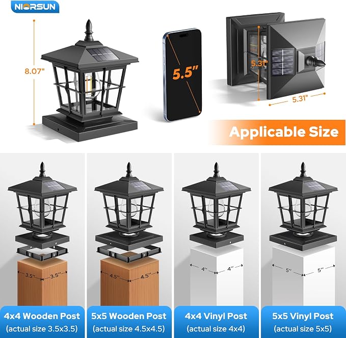 4x4 Post Solar Lights with 3 Color Temps, Edison Bulb, 2 Pack Black | Solar Post Cap Lights, 4x4 Post Caps & 5x5 Wood Vinyl, IP64 Waterproof Fence Post Solar Lights Outdoor,Solar Deck Post Lights