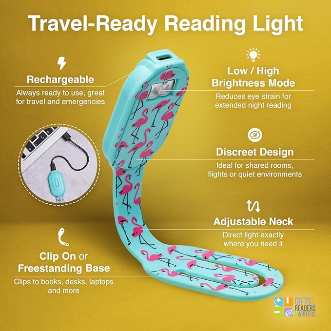 Gifts for Readers & Writers Rechargeable Book Light, Clip On Reading Light for Bed, 2in1 Flexilight & Bookmark, 12 Hours of Light Once Charged, Includes USB Cable & 2 LED Lights, Flamingo