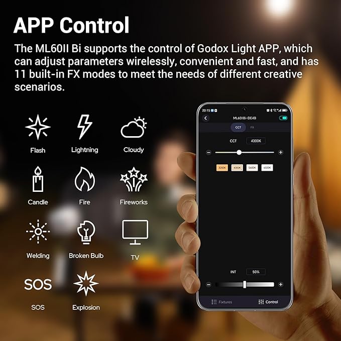 Godox ML60IIBi Bi-Color LED Video Light,70W Portable COB Continuous Output Lighting 2800K-6500K CRI 96+/TLCI 97+,11 FX Effects, APP Control Ultra-Quiet Handheld LED Light with AK-B01 Battery Base