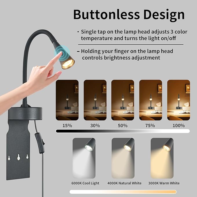 Black Headboard Reading Light 2 Pack, No Drilling Wall Mounted Reading Lights for Bedside, Buttonless Dimmable Reading Lamp for Bedtime Reading, Movable 720 Adjustable Reading Sconces for Bedroom