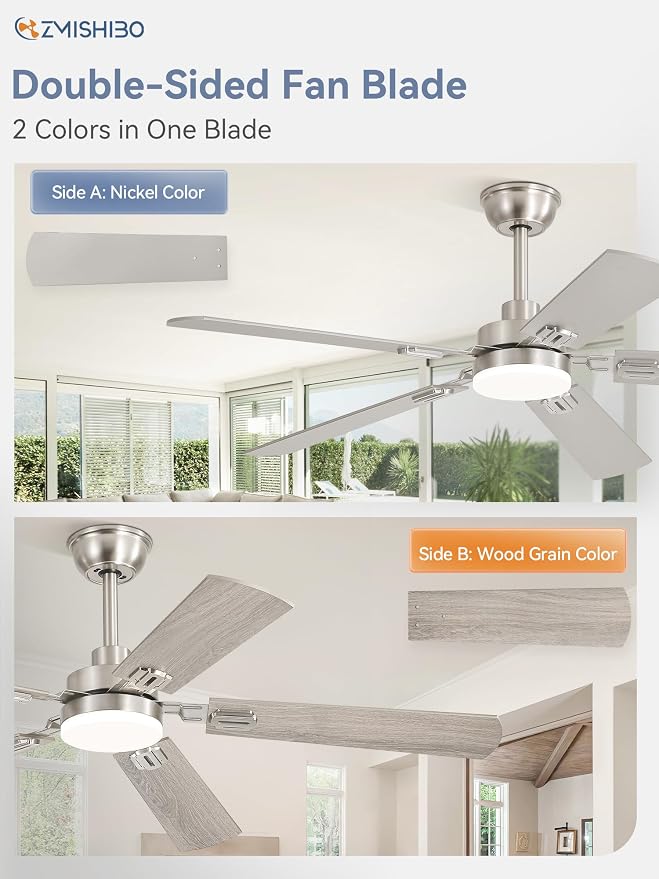 ZMISHIBO 52" Ceiling Fans with Lights and Remote, Nickel Modern for Indoor | 24W 2400LM Bright LED, 3CCT, Dimmable, App Control, Farmhouse Dual Finish Blades, Quiet&Strong Motor for Bedroom, Living Room