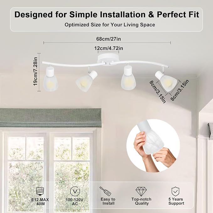 HiBay 4-Light Track Lighting, Modern White Glass Ceiling Light Fixture | Adjustable Flush Mount Track Spotlight for Bathroom, Kitchen, Dining Room, E12 Base, Bulbs Not Included
