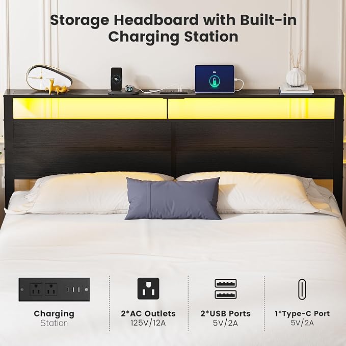 King Size Bed Frame with LED Lights and Charging Station | Black Metal Platform Bed with Wood Headboard, Sturdy Slats, No Box Spring Needed, Noise Free, Easy Assembly