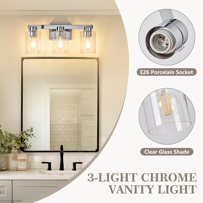 3-Light Bathroom Light Fixtures with Clear Glass, Chrome | Vanity Lights, Modern Wall Sconces, Over Mirror for Bathroom, Powder Room, Living Room