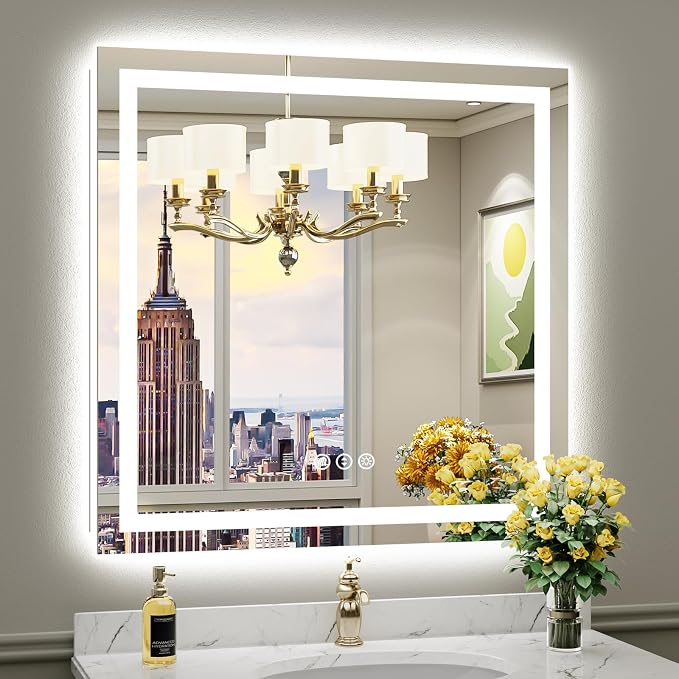 36x36 Inch Inch LED Bathroom Mirror with Lights, Front and Backlit | Anti-fog, 3 Color Dimmable, Memory Function, HD Reflection Tempered Glass, ETL Listed, IP54 Waterproof