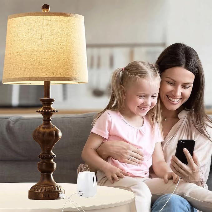SAIWEYA 27.5" Farmhouse Table Lamps Set of 2, 3 Way Dimmable Bedside Lamps | Dimmable, USB C+A Ports & AC Outlet, LED Bulbs Included, Rustic Lamps for Living Room, Bedroom