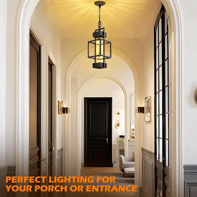 Hotsonic 15'' Outdoor Indoor Pendant Light Exterior Hanging Lantern, Modern Metal Outside Chandelier Light Fixture Black Ceiling Mount with Water Glass for Front Porch Entrance Foyer Entryway